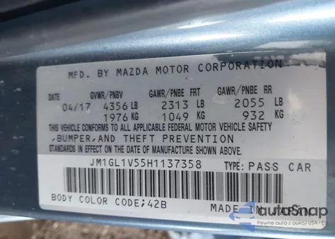 2017 Mazda Mazda6 Touring z USA, uszkodzony, nr VIN JM1GL1V55H1137358